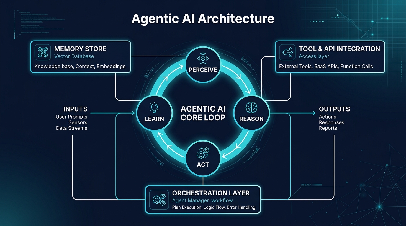 Architecture diagram of the Agentic AI cyclical loop connected to memory, tools, and orchestration